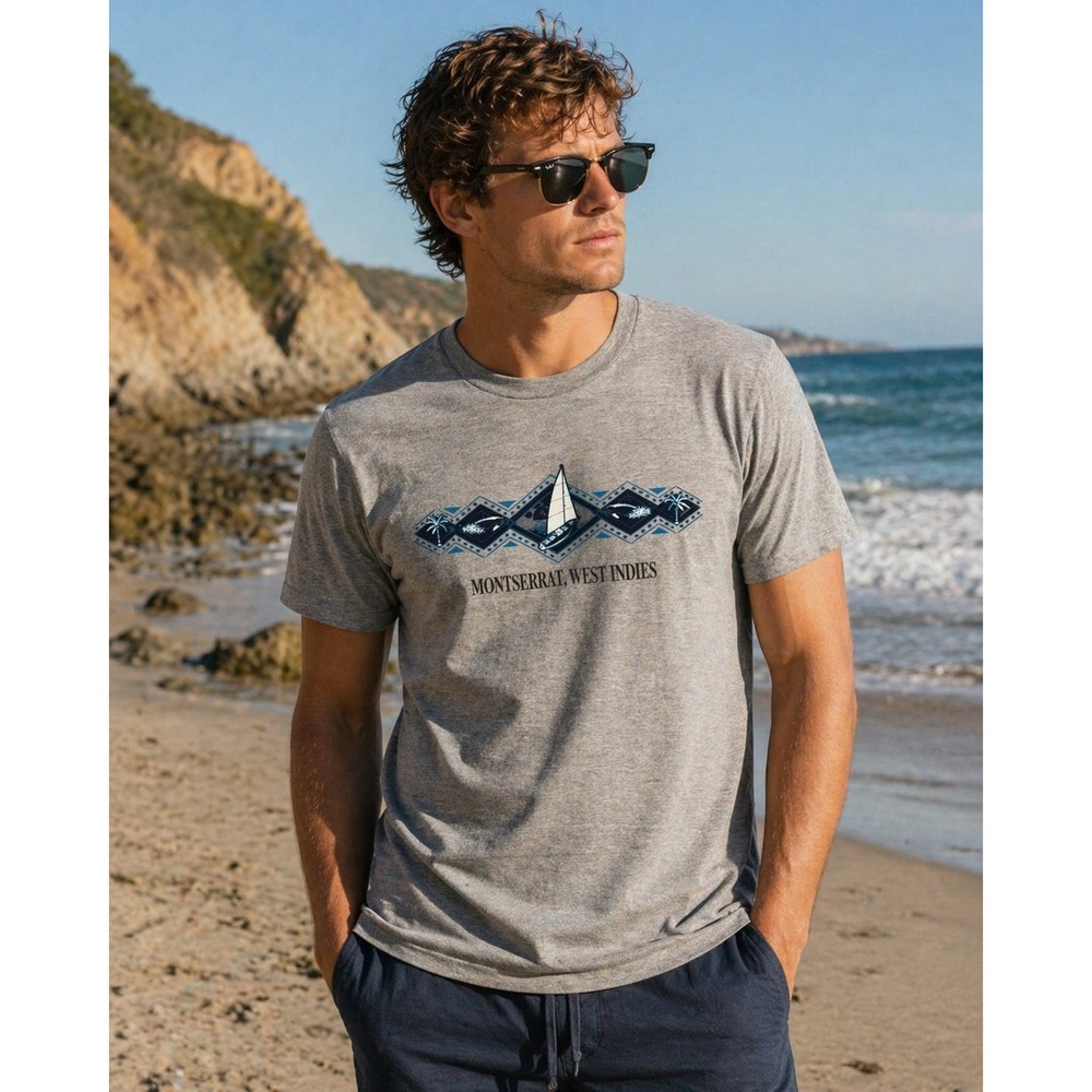Vintage T-Zers Montserrat West Indies Sailboat Graphic T-Shirt Grey Cotton Small